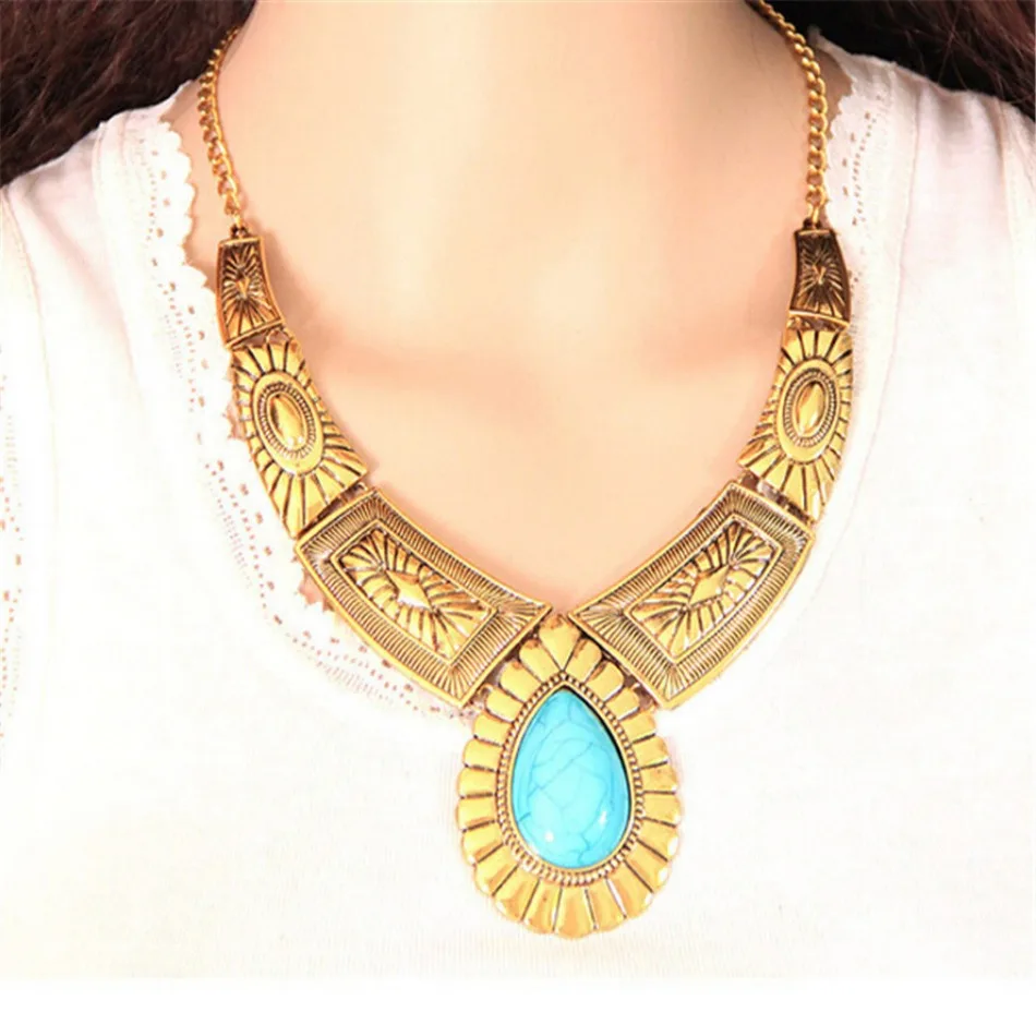 Girls Jasmine Dress Up Jewelry Aladdin Cosplay Metal Exaggerated Droplet T-necklace Retro Turquoise Pattern Collarbone Chain