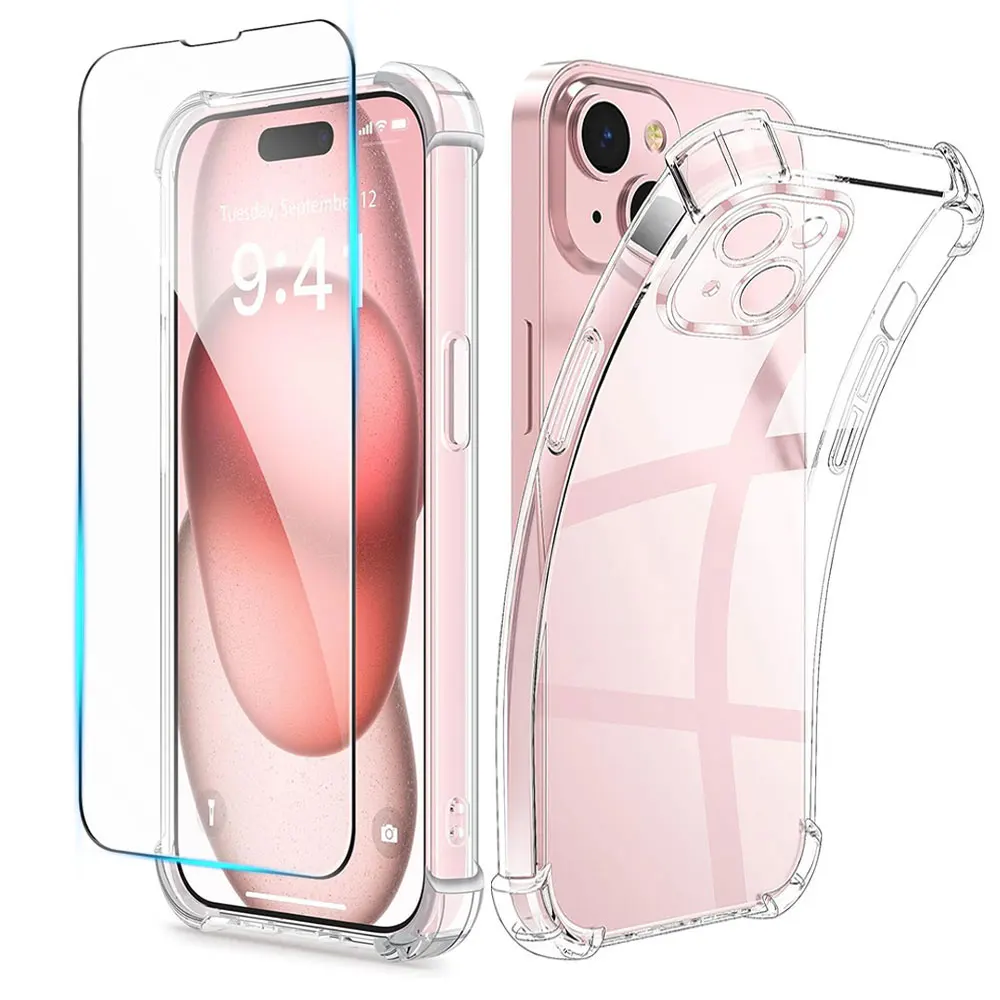 Shockproof Silicone Clear Case with Lens Protection and Tempered Glass