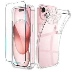 Shockproof Silicone Clear Case with Lens Protection and Tempered Glass for Case and Glass (Case and Glass)