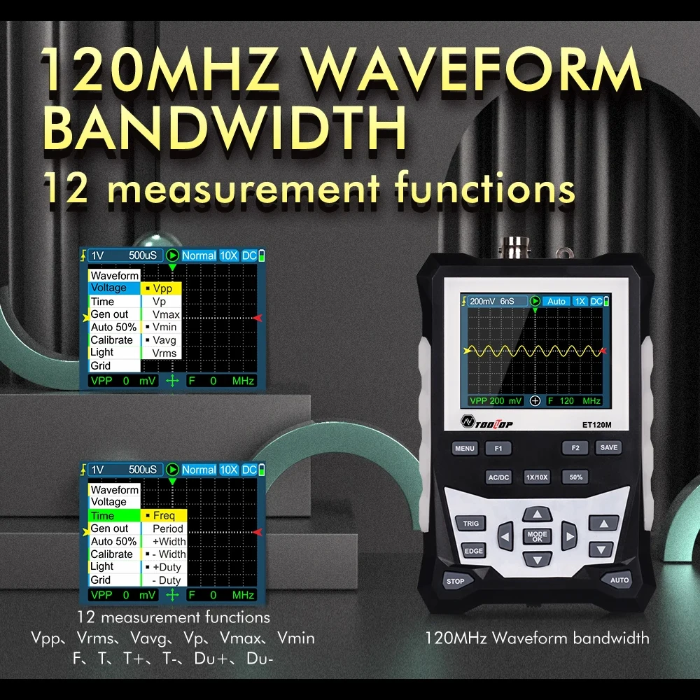 TOOLTOP ET120M 2.4-Inch Screen Digital Oscilloscope 120MHz Analog Bandwidth 1Mhz Square Wave Signal Output Handheld Oscilloscope 3