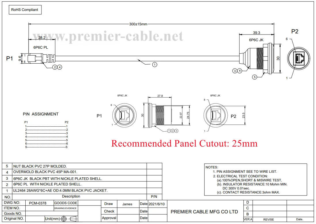 RJ12 6P6C Stecker auf Buchse Verlängerungskabel Embedded Flush Panel Mount Feedthrough Schottkabel für Telefon LED Wachsen Licht – Detail 8