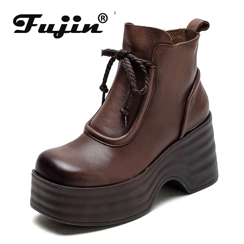 

Fujin 7cm Spring Women Winter Plush Warm Shoes Natural Cow Genuine Leather Platform Wedge Zip Retro Lady Ankle Booties Autumn