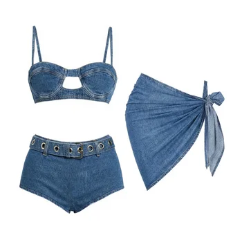 3Pcs Denim Printed Bikini 2026 Women Sexy Swimsuit Leather Strap Swimwear Bandeau Biquini Female Push Up Bathing Suit Beachwear 1