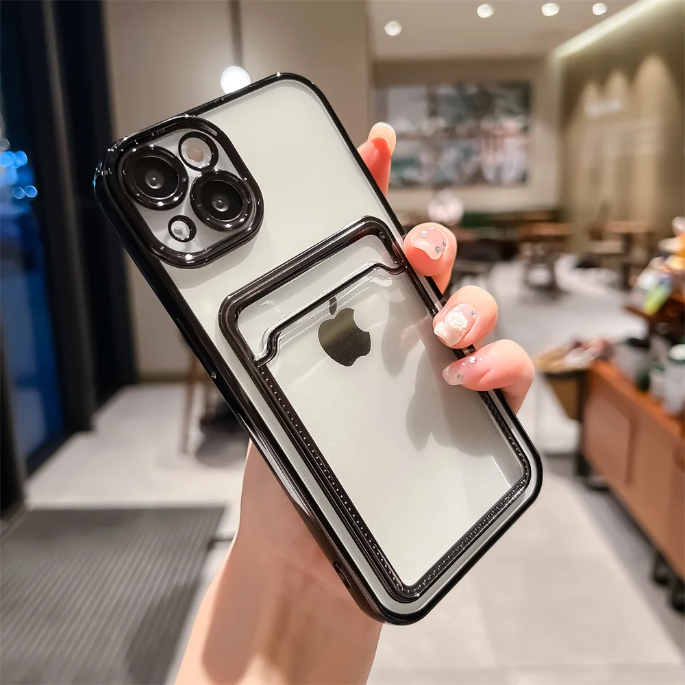 Electroplated Transparent Card Holder Wallet Case For iPhone 11