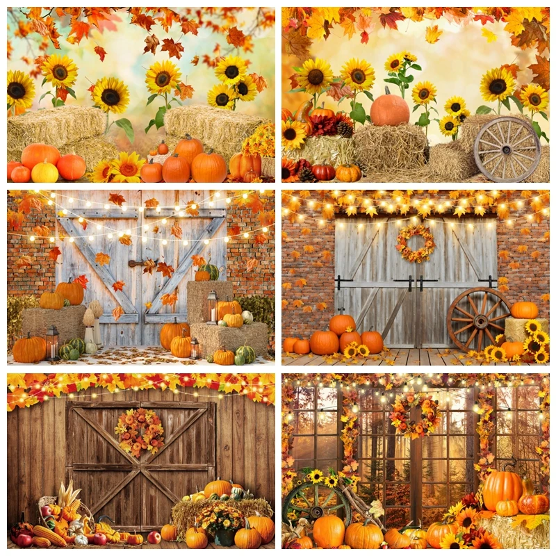 

Fall Farm Barn Photography Backdrop Autumn Scenery Haystack Pumpkin Maple Sunflower Baby Portrait Thanksgiving Photo Background