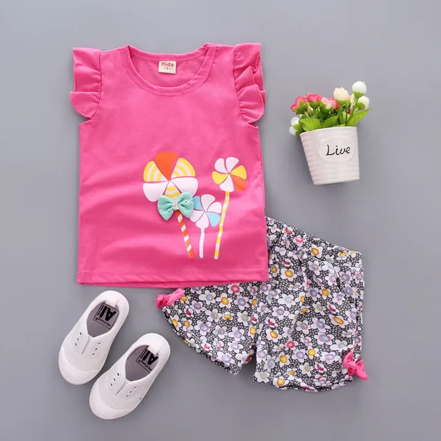Summer Cute Cartoon 2PCS Kids Baby Girls Floral T-shirt Top Shorts Pants Set Clothes Girls Clothing Sets FengChe-red