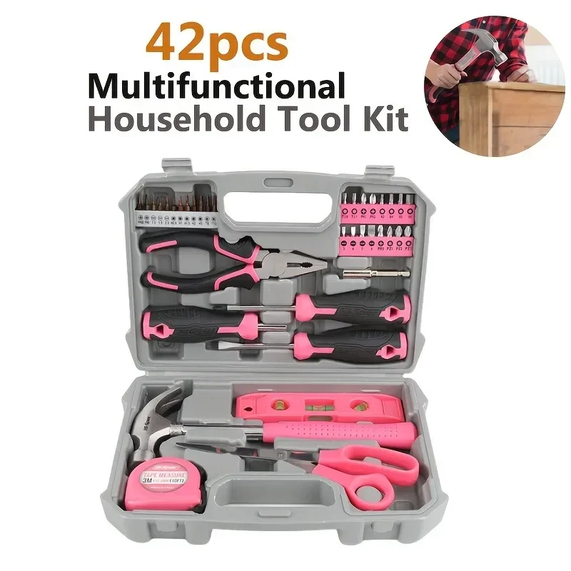42pcs All Purpose Household Tool Kit, Home Manual Tool Set for Women,  Complete Ladies Basic House Tool Box Set