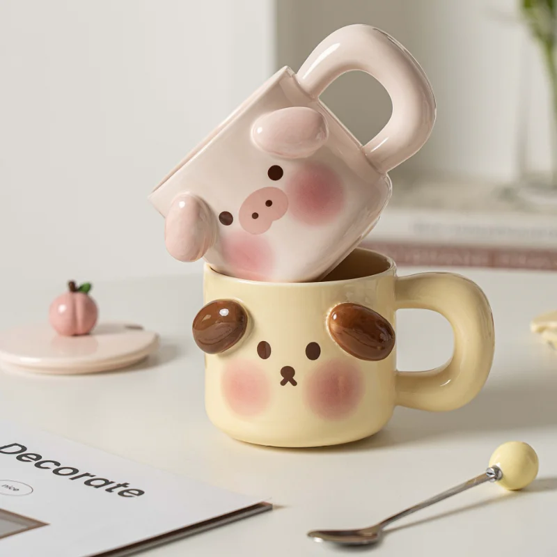 

Cute Puppy Cartoon Animal Ceramic Mug with Lid Spoon Heat Resistant Family Drinking Cup Girl Office Coffee Milk Breakfast Cup