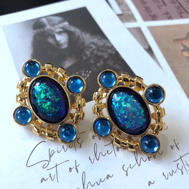 Vintage Electroplated Carved Pattern Blue Glaze Enamel Earrings