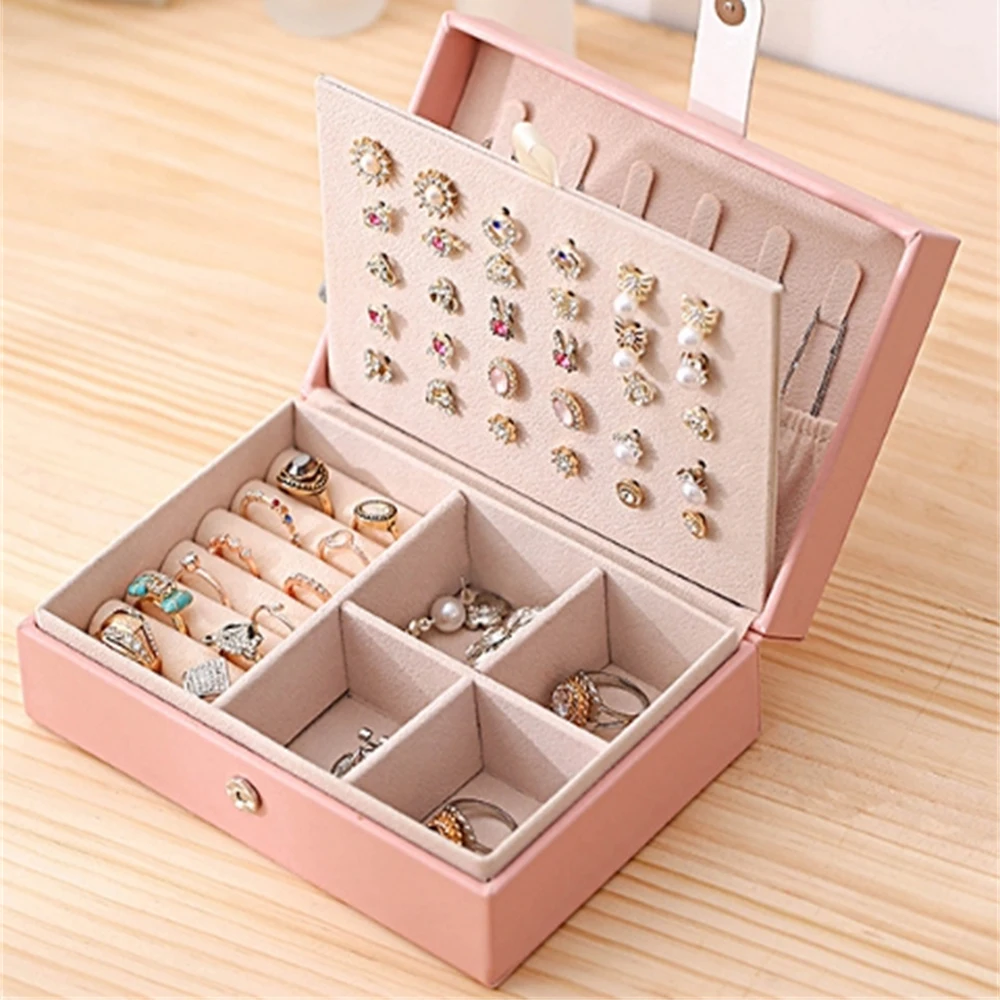 1pcs Jewelry Box PU Leather Portable Jewelry Storage Box Double Simple Earrings Ring Woman,Home Decor Gifts For Her high quality luxurious white pu earrings jewellery display ring tray necklaces holder various models for woman option wholesale
