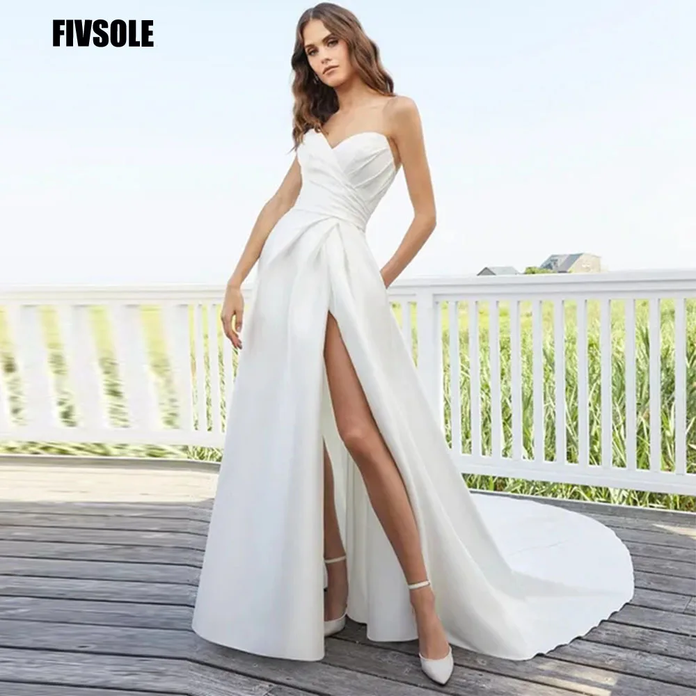 

Fivsole Sweetheart A-line Satin Sweep Train Wedding Dresses 2022 Off The Shoulder Side Slit Bridal Gowns Beach Robe De Mariée