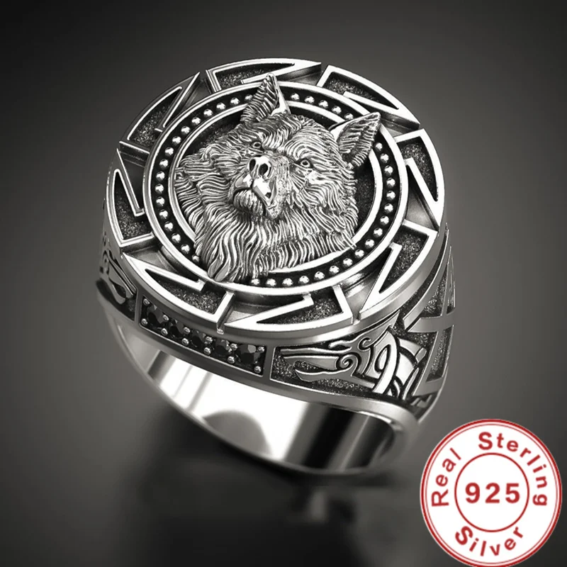 

925 Sterling Silver Ring Retro Wolf Totem Thai Silver Ring Warrior Wolf Head Men's Ring