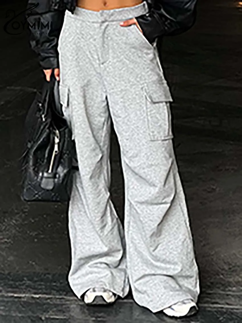Oymimi Casual New Grey Knitting Pants For Women Elegant Mid Waist Pockets Trousers Streetwear Fashion Straight Solid Sweatpants