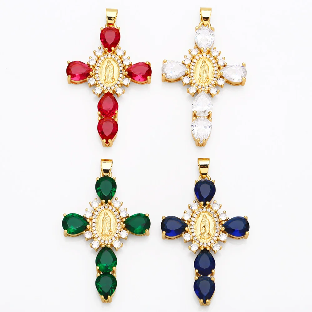 OCESRIO – grand pendentif en croix de cristal multicolore, pour collier en cuivre plaqué or, composant de fabrication de bijoux de la vierge marie pdtb070