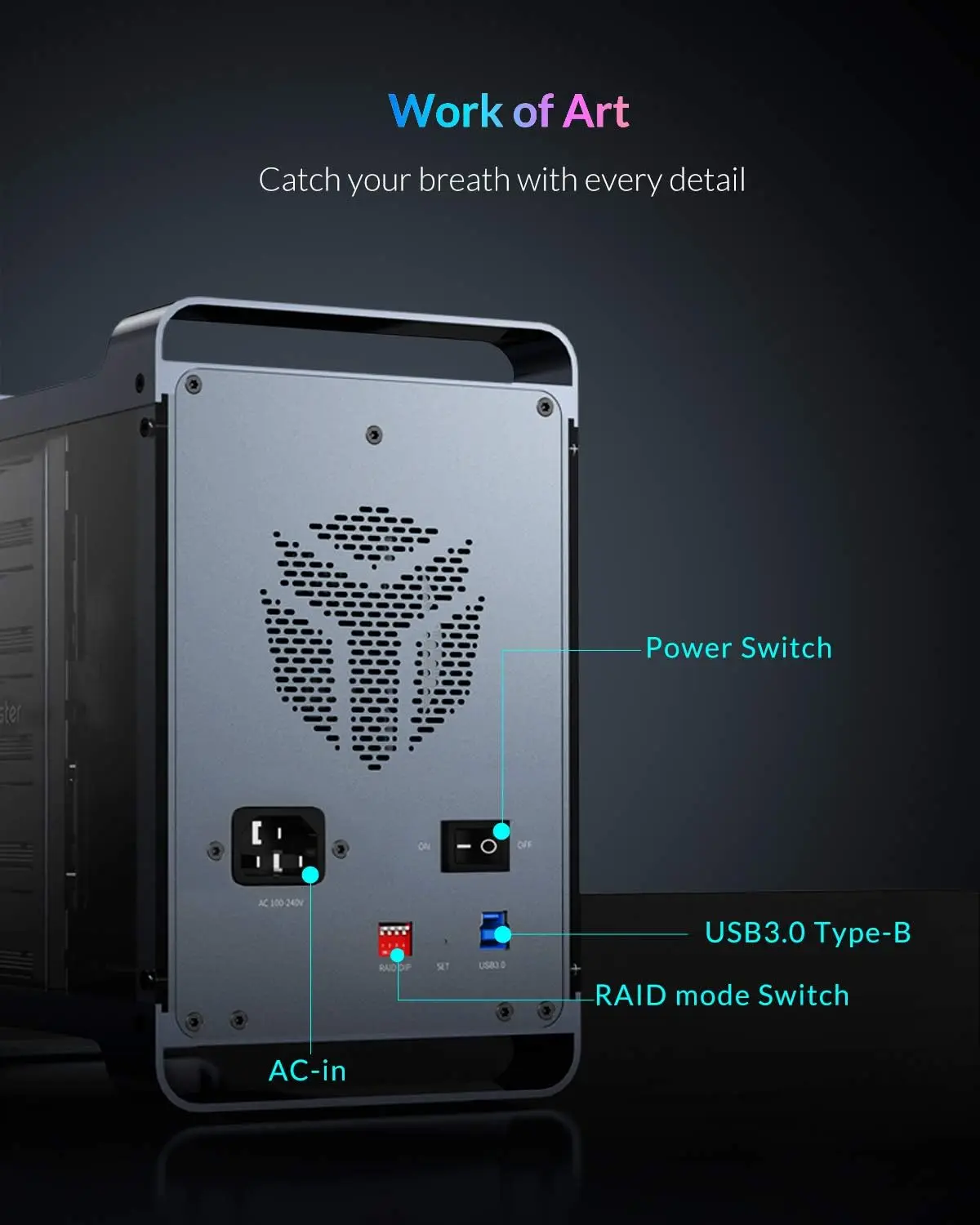 Yottamaster RAID 외장 하드 드라이브 인클로저, RGB 사일런트 선풍기 RAID 모드 포함, 2.5 인치 및 3.5 인치 SATA HDD/SSD 인클로저, 최대 72TB, 4 슬롯