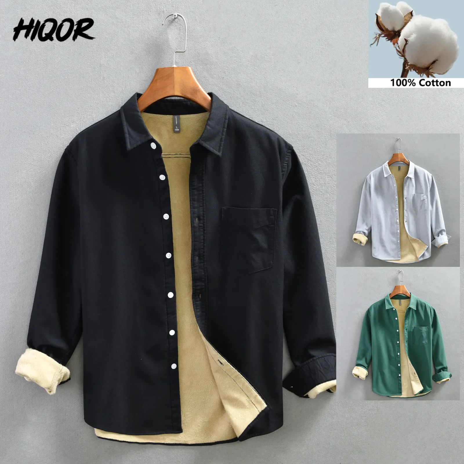 

HIQOR Winter Thicken Men Shirt 100% Cotton Long Sleeve Fleece Shirts Casual Fashion Solid Men's Coat Shirt for Men Y2k Clothing