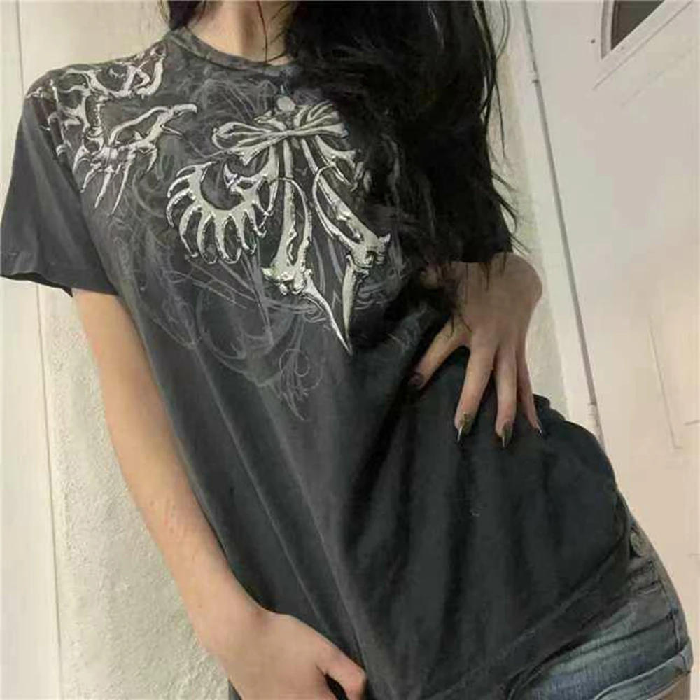 

Lairauiy Women Y2K Gothic T-Shirts Vintage Print Casual Loose Summer Short Sleeve Tops Streetwear Aesthetic Grunge Clothes