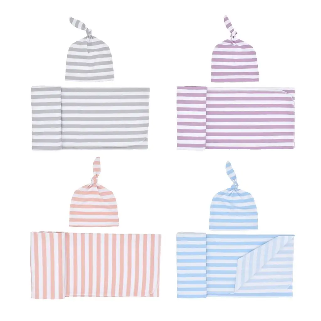 Newborn Infant Baby Striped Swaddle Wrap Sleeping Bag with Hat Set