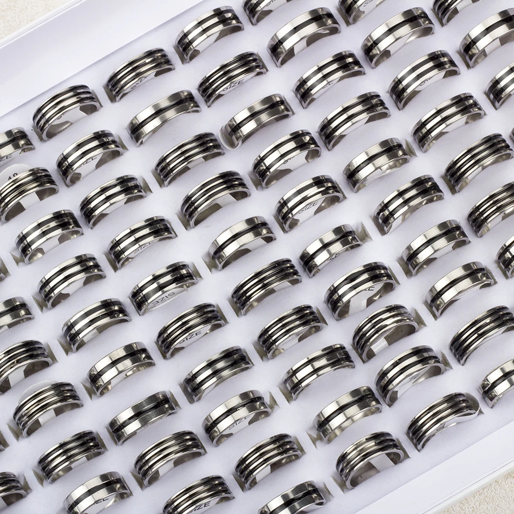 

Wholesale 50/100pcs Simple Fashion Stripe Stainless Steel Rings Jewelry For Women Men Mix Color Style