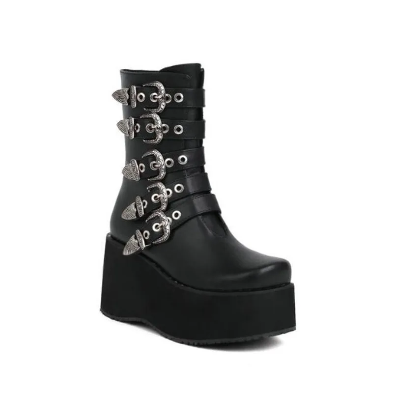 Brand Design Big Size46 Black Gothic Style Cool Punk Motorcycles Boots Female Platform Wedges High Heels Short Boots Women Shoes