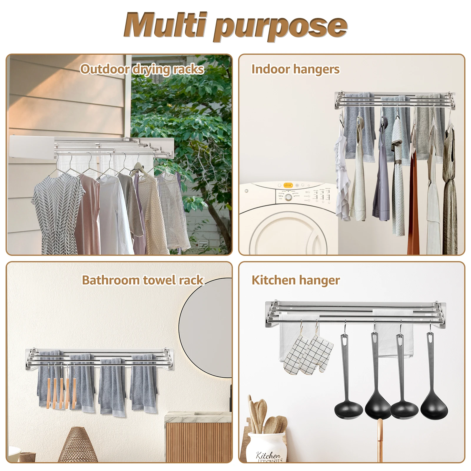 Folding Clothes Hanger Stainless Steel Laundry Drying Rack Wall Mount Travel Indoor Balcony Towel Bar Collapsible Drying Rack 4