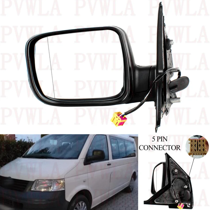 Specchietto Retrovisore Per Vw Transporter T5 2004 2005 2006 2007 2008 2009 Sinistro 5Pin Satinato Nero Riscaldato Blind Line Power Fold Mirror