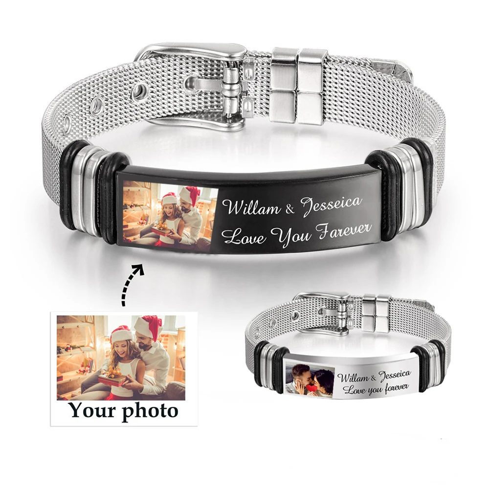 Personalized Custom Photo Name Stainless Steel Men's Bracelet Christmas Gift Fashion Mesh Watch Band black Bracelet Jewelry