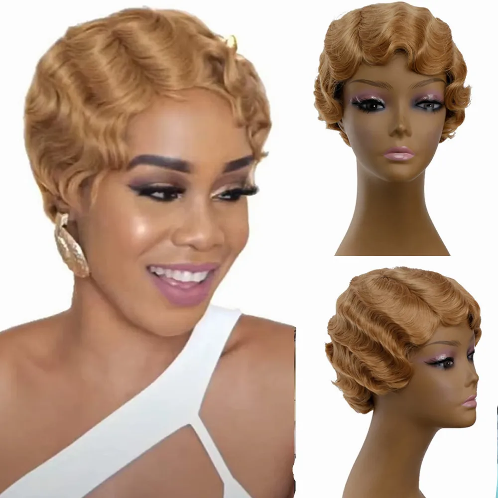 Finger Wave Synthetic Wig Short Retro Curly Water Wave Hair for - Main Image