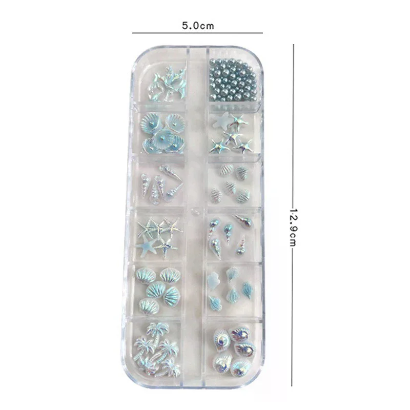 12 Grids/Box Aurora 3D Nail Charms - Shell Starfish Mermaid Tail Oceanic Accessories for Dreamy Manicure & Nail Art Design