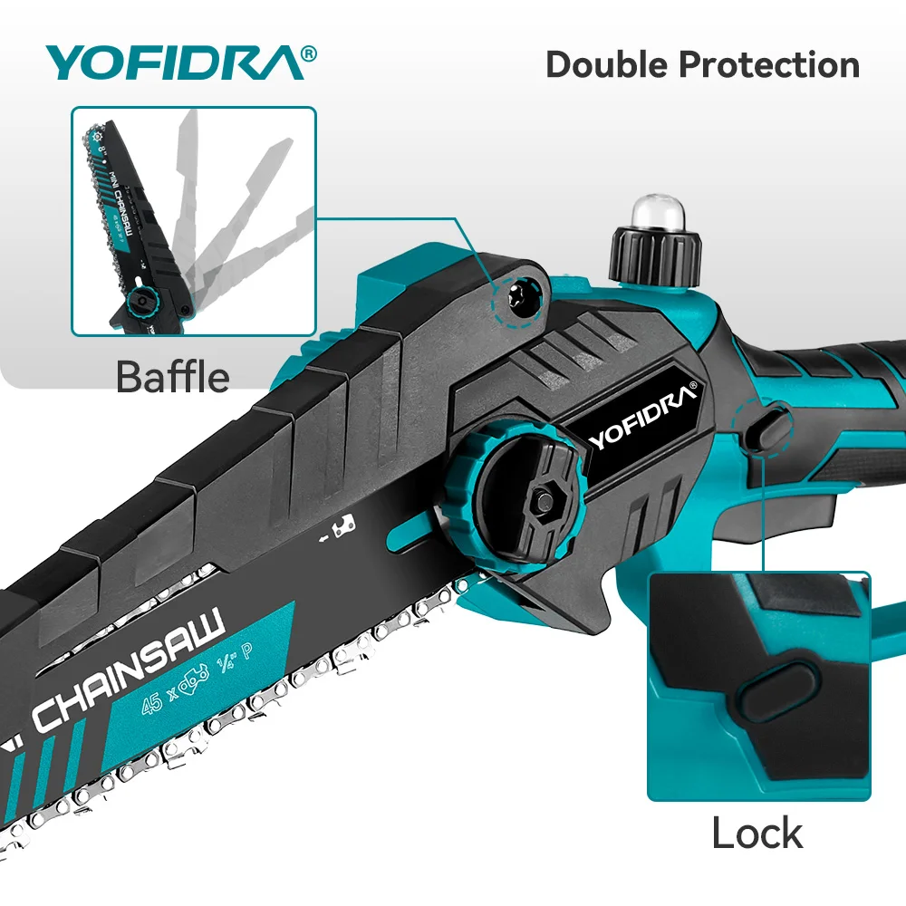YOFIDRA 8 Inch Brushless Electric Chainsaw Cordless Woodworking Pruning Saw Garden Cutting Power Tool For Makita 21V Battery Pin — view 3
