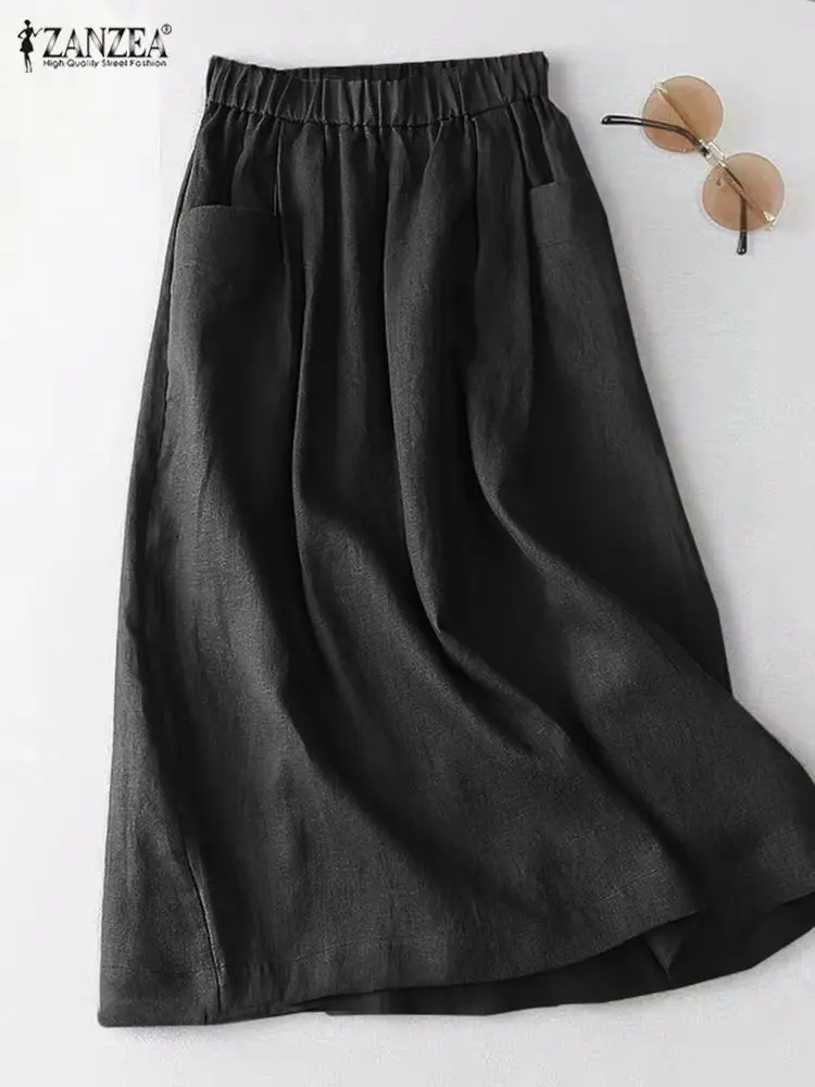ZANZEA Women A Line Cotton Skirt Elastic Waist Midi Skirt Solid 2024 Summer Korean Side Pockets Falda Saias Casual Holiday Jupe 4