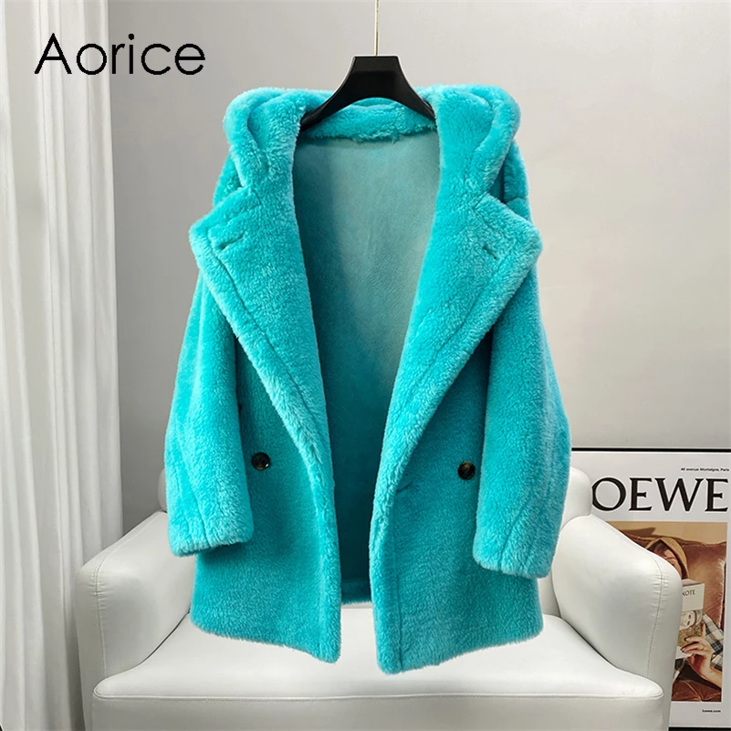 

Aorice Women Real Wool Fur Coat Hood parka New Winter Warm Female Sheep Shearing Jackets Over Size Overcoats CT211