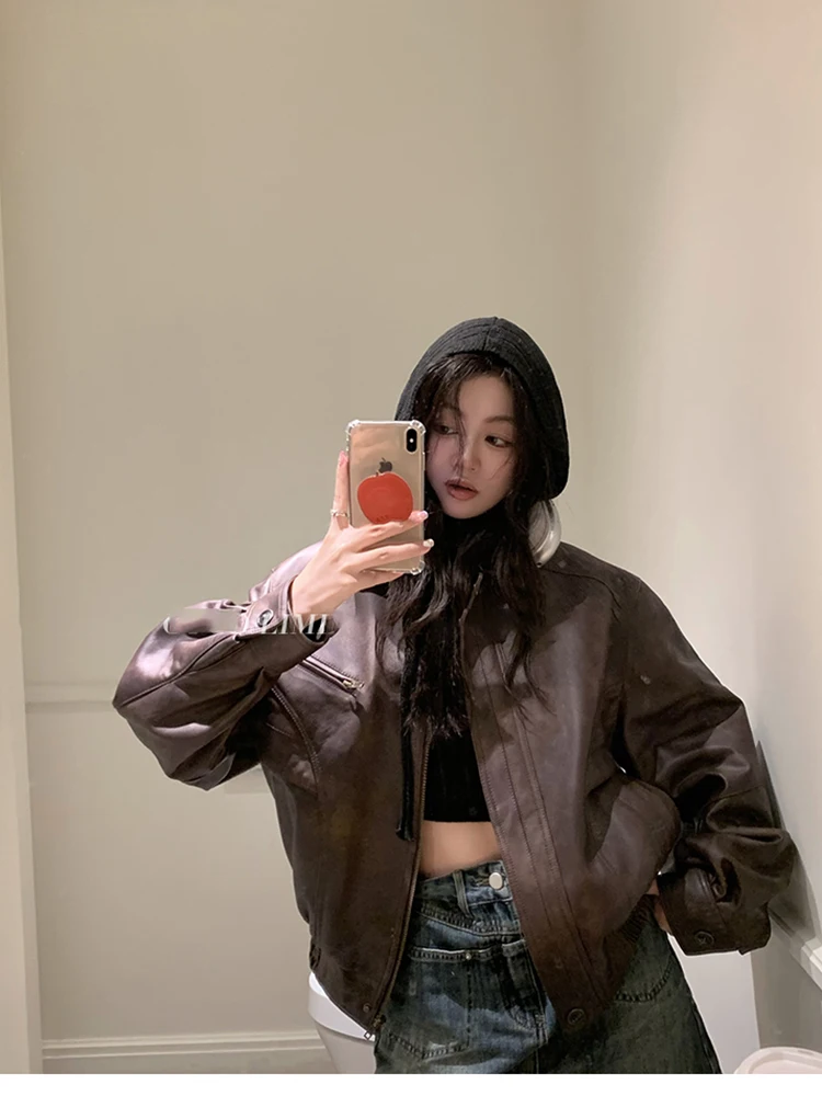Lautaro Spring Autumn Cool Retro Waterproof Distressed Brown Pu Leather Jackets for Women Zipper Maillard Style Clothes 2024