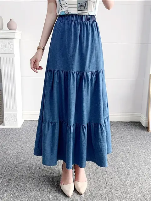85cm Length Denim Maxi Skirt Summer Casual High Waisted Washed Loose Cake Jeans Skirts B13101x - Skirts - AliExpress