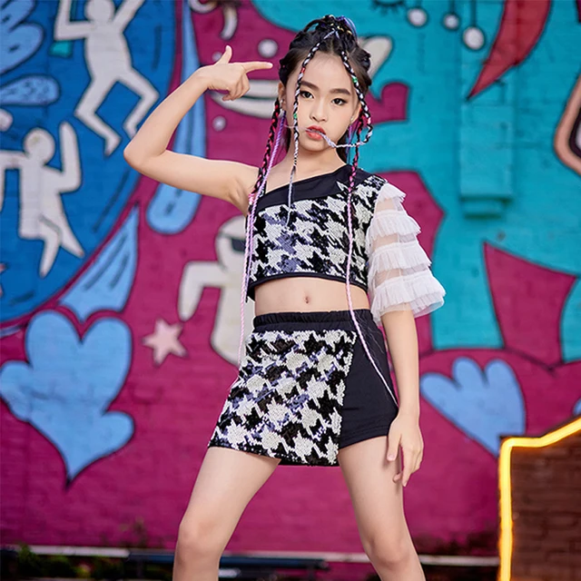 

Детский Блестящий сценический костюм для девочек-подростков, танцевальная одежда в стиле хип-хоп, одежда для подиума, шоу, праздничная одежда