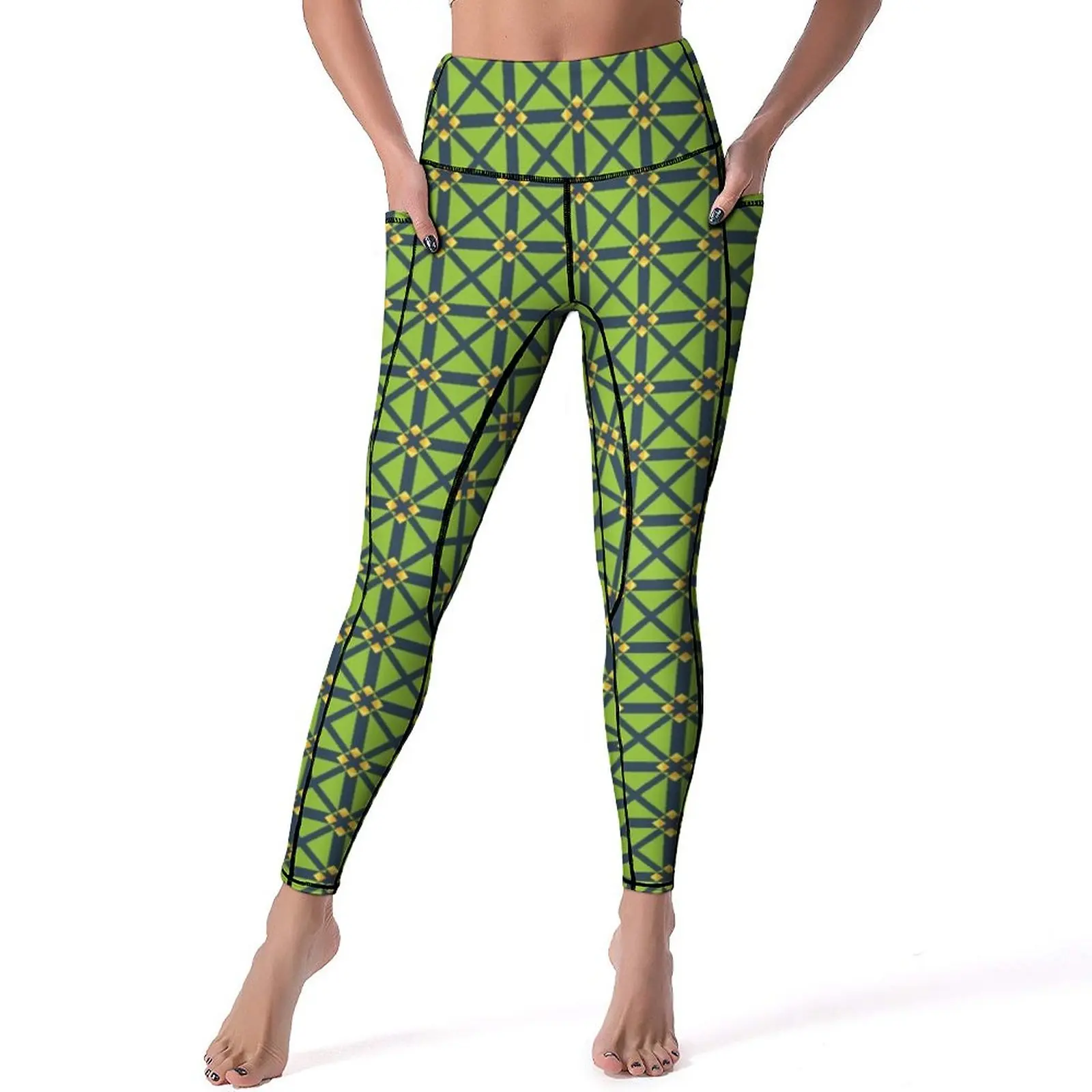 

Green Geo Print Yoga Pants Sexy Checkered Graphic Leggings High Waist Gym Leggins Lady Kawaii Stretch Sports Tights