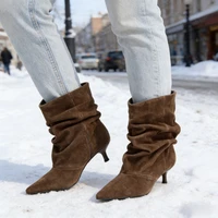 Suede Winter Women High Boots Pointed-Toe Pleated Short Boots Female Brown Retro Elegant Designer Ankle Boots Bottes Femmes - Image 6
