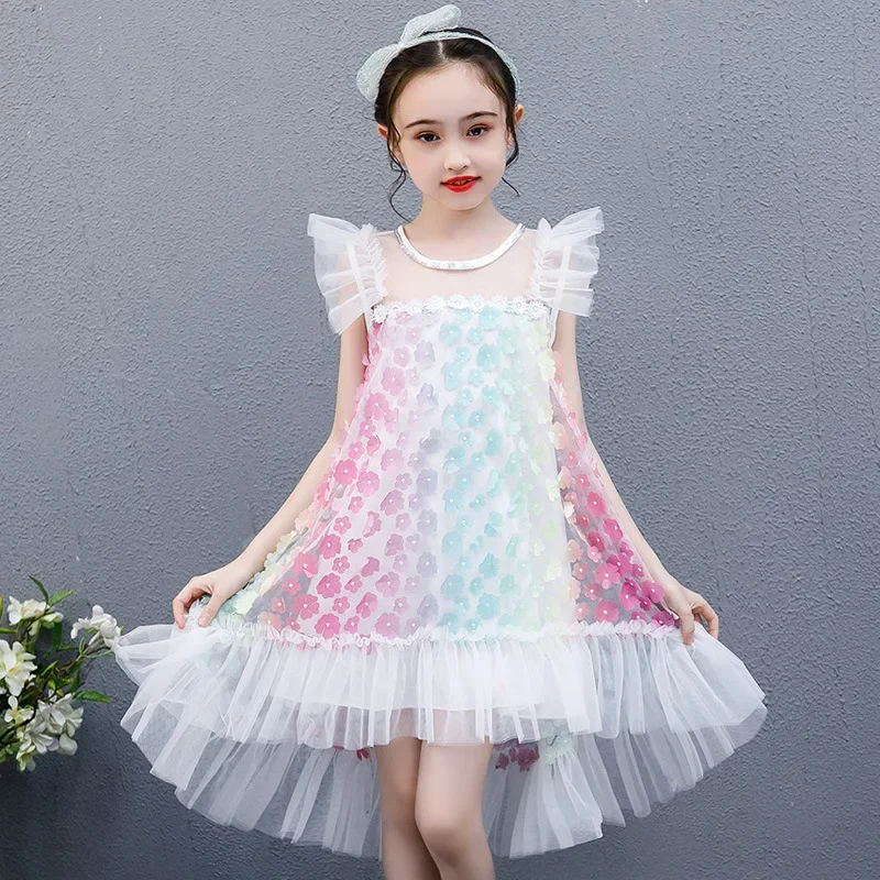 

Appliques Summer Dress Girls Floral Double-layered Clothes Kids Sleeveless Frock Child Birthday Party Photography Dresses
