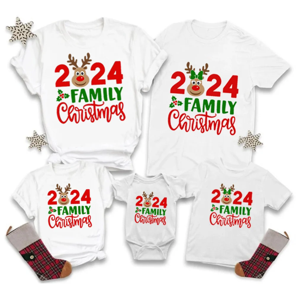thumbnail image 1 of Conjunto familiar a juego con estampado de ciervos y Navidad 2024, conjunto navideño informal de manga corta, ropa navideña para el día de fiesta, 1 of 5