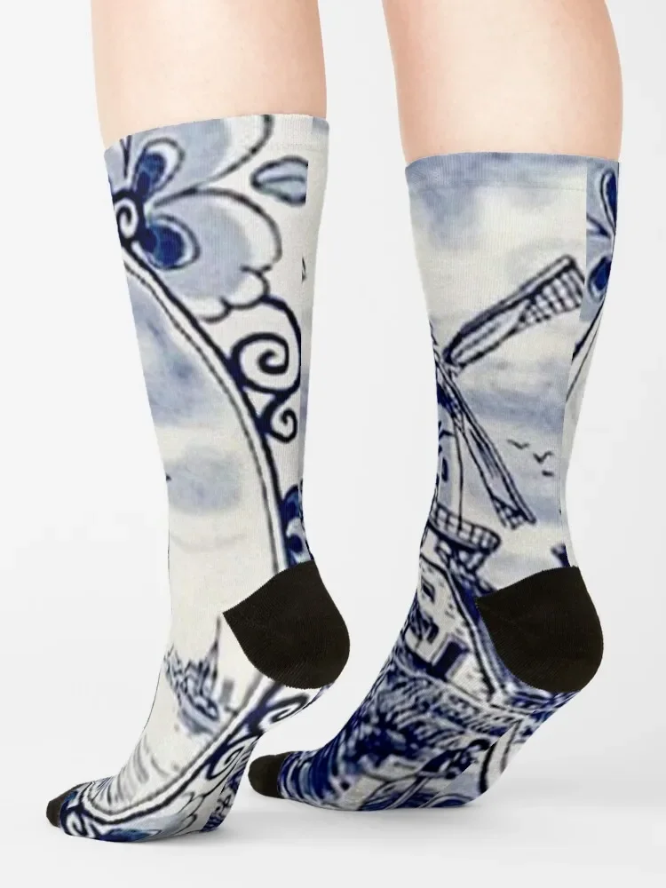 DUTCH BLUE DELFT: Vintage Windmill Print Socks Thermal Socks For Men