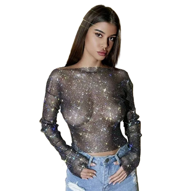 2025, Sommer-Damen-T-Shirt, Temperament, glänzende Strasssteine, 1906 Singapur, O-Ausschnitt, helles Sternenlicht-Bottom-Shirt für Damen