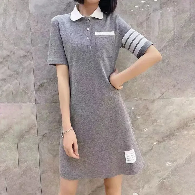 

Women's cotton striped patchwork puppy print ultra-thin dress polo collar single breasted mid length Besido summer Traf fashion