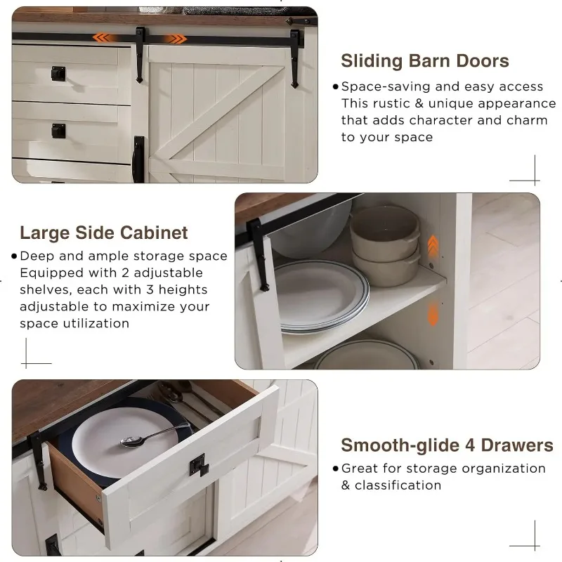 Farmhouse Sideboard Buffet Cabinet with Storage, Large Kitchen Cabinet Sliding Barn Doors and Drawers for Dining Room