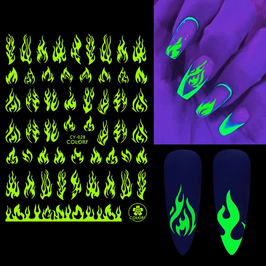 3D Fluorescente Fiamma Nail Adesivi Adesivi Stelle Luminose Galassia Cuore Farfalla Neon Verde Manicure Cursori In Becy028-36 Scuro