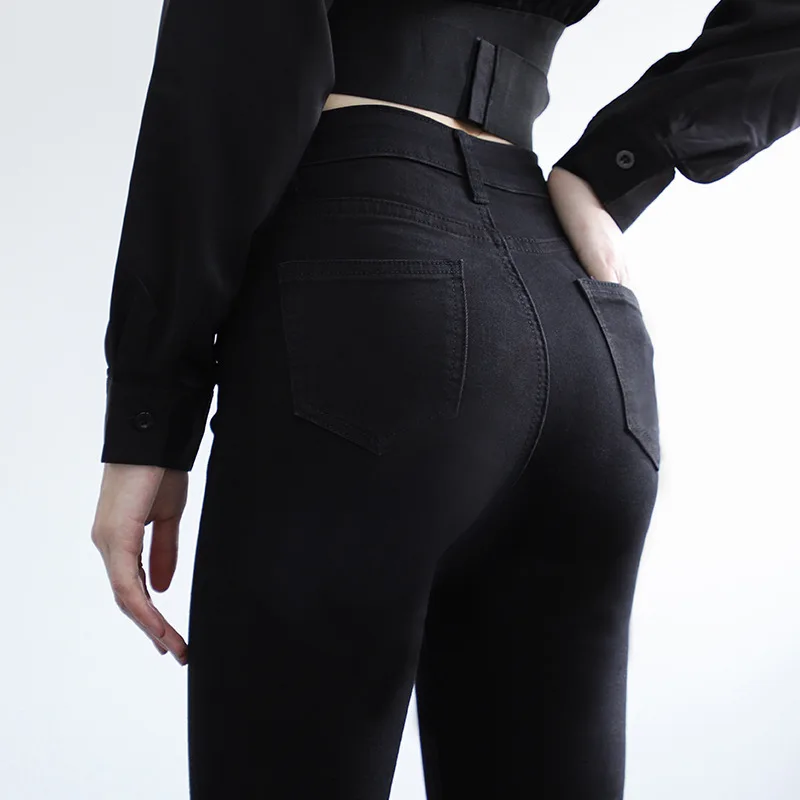 여성용 스키니 탄성 청바지, 슬림 펜슬 팬츠, 캐주얼 발목 길이, 블랙 블루 그..