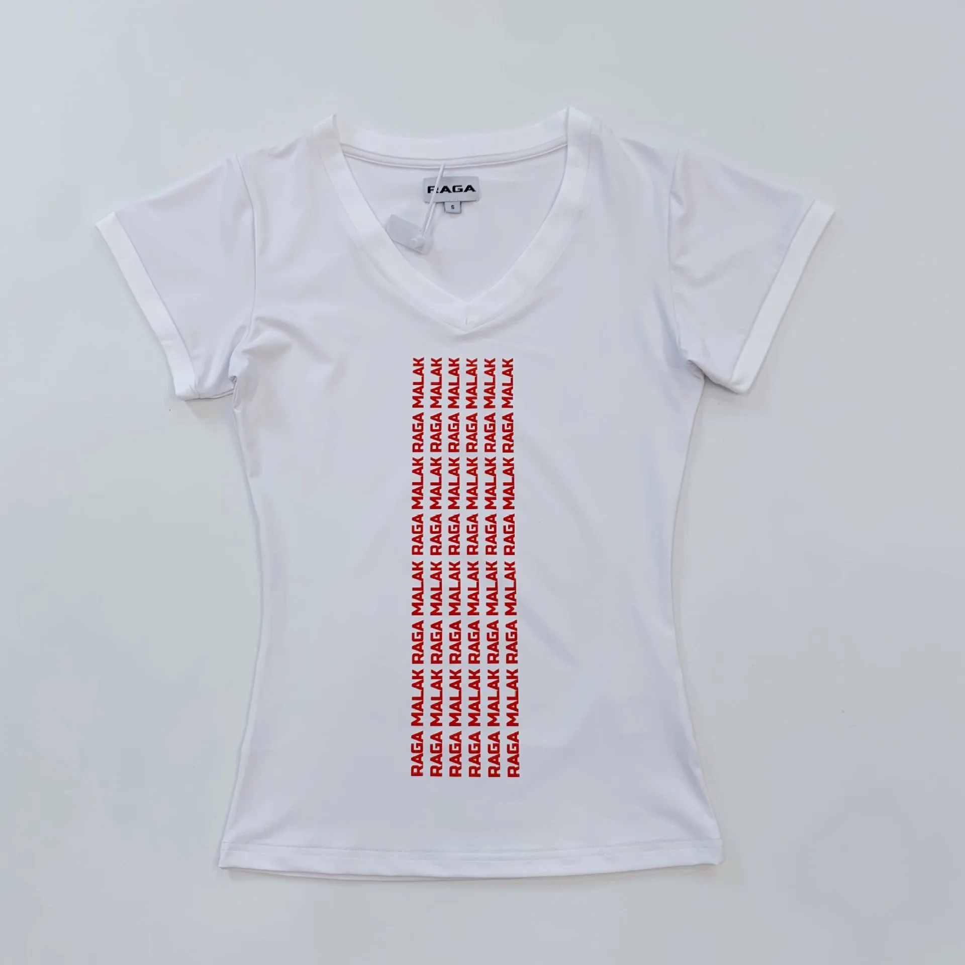 Raga malak white V-neck tight fitting T-shirt with red logo
