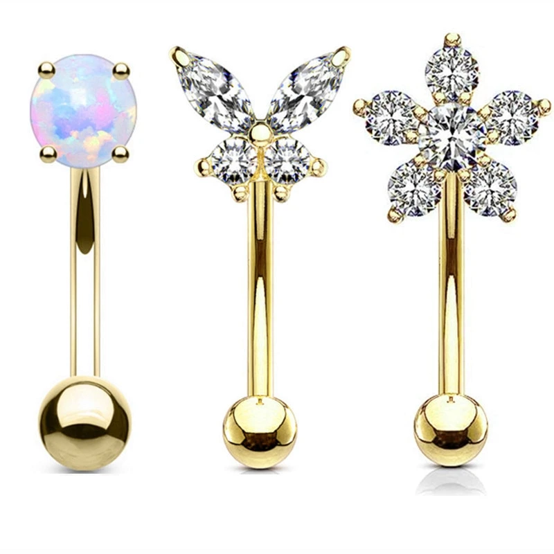 Elegant Heart Crystal Curved Barbell & CZ Star Eyebrow Ring Set - 3-Piece Collection