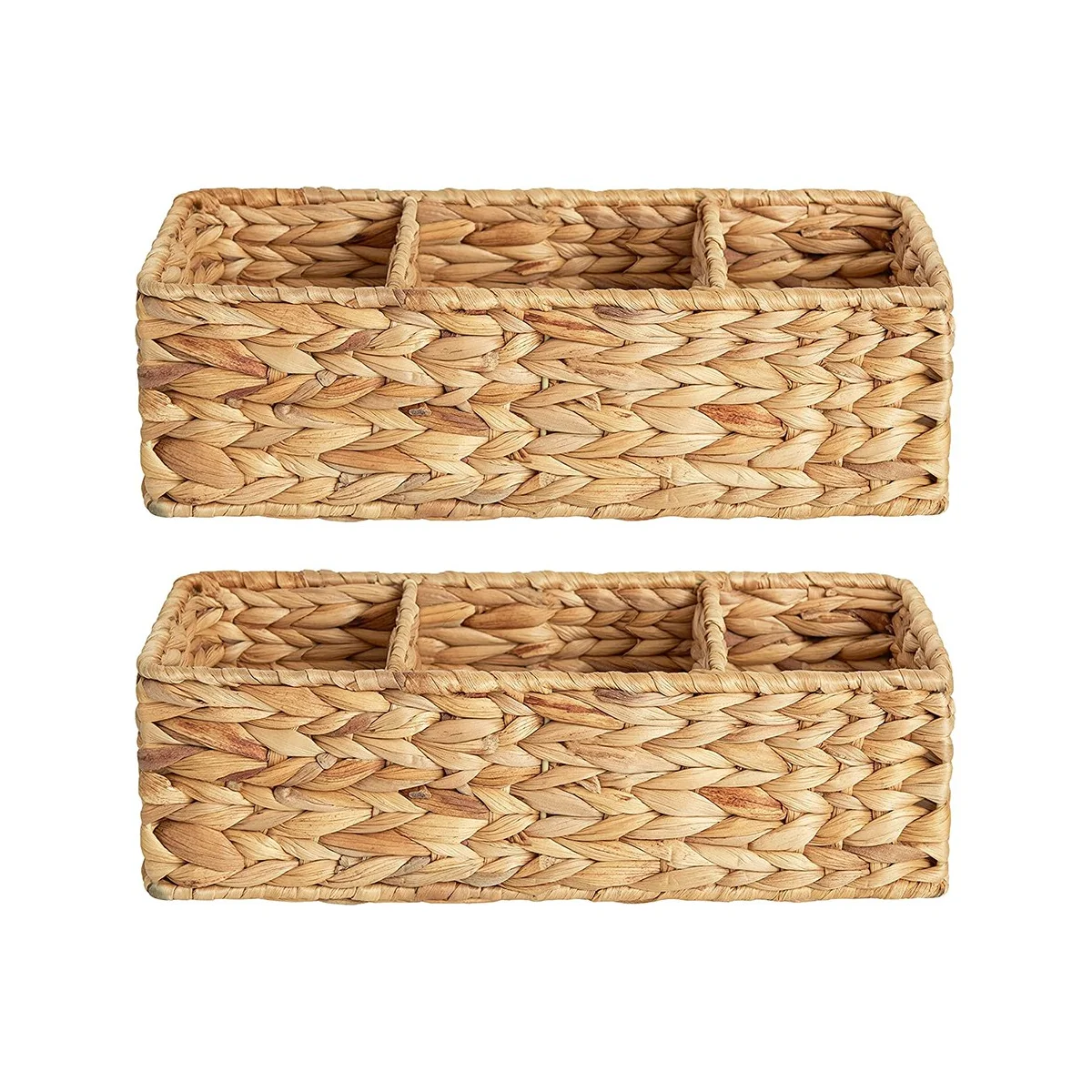 

3-Section Wicker Baskets for Shelves, Hand-Woven Water Hyacinth Storage Baskets, 2-Pack