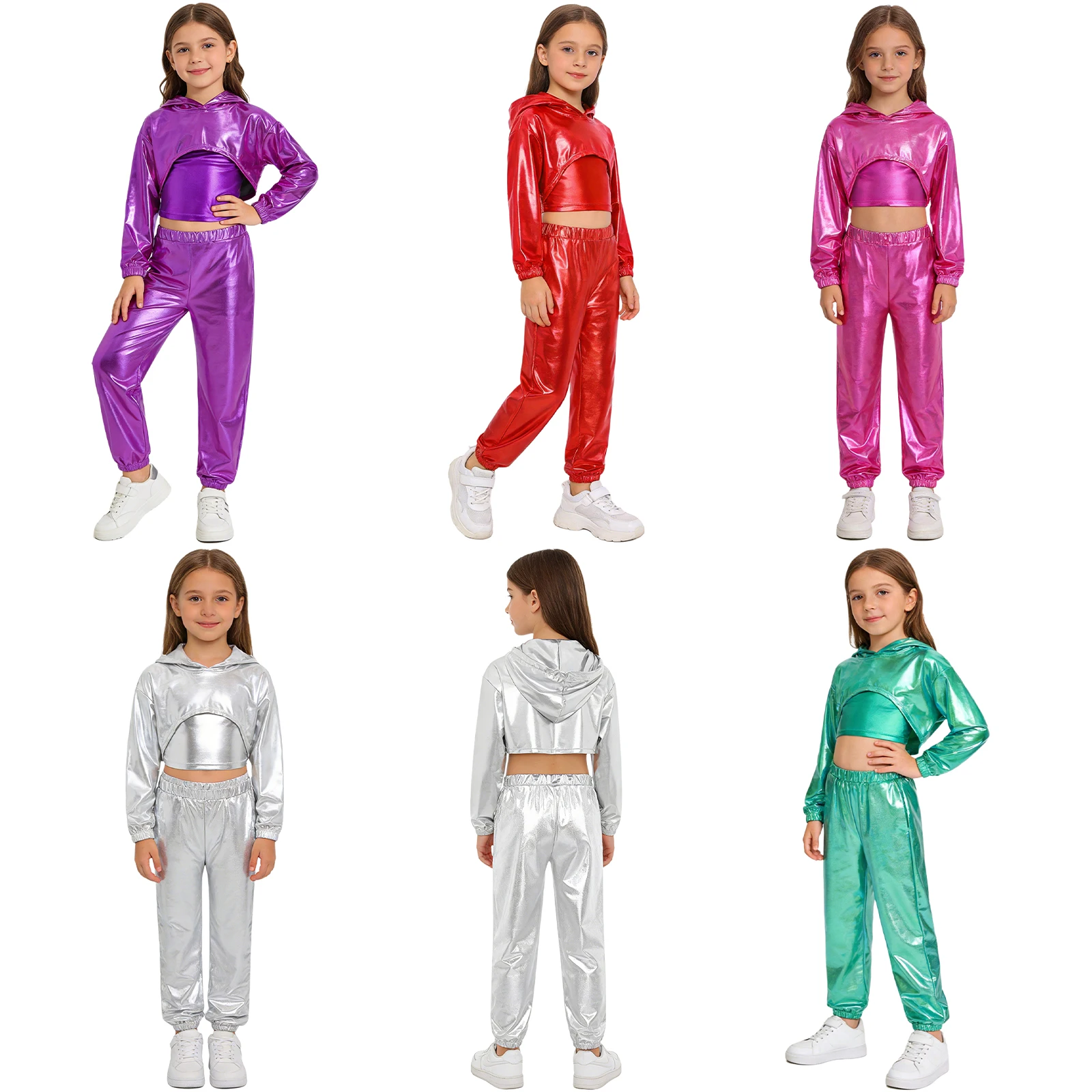 Hip-Hop-Jazz-Tanzkostüm für Kinder und Mädchen, langärmliger, metallisch glänzender, verkürzter Kapuzenpullover mit Spaghettiträgern, Camisole und glänzenden Hosen – Detail 3