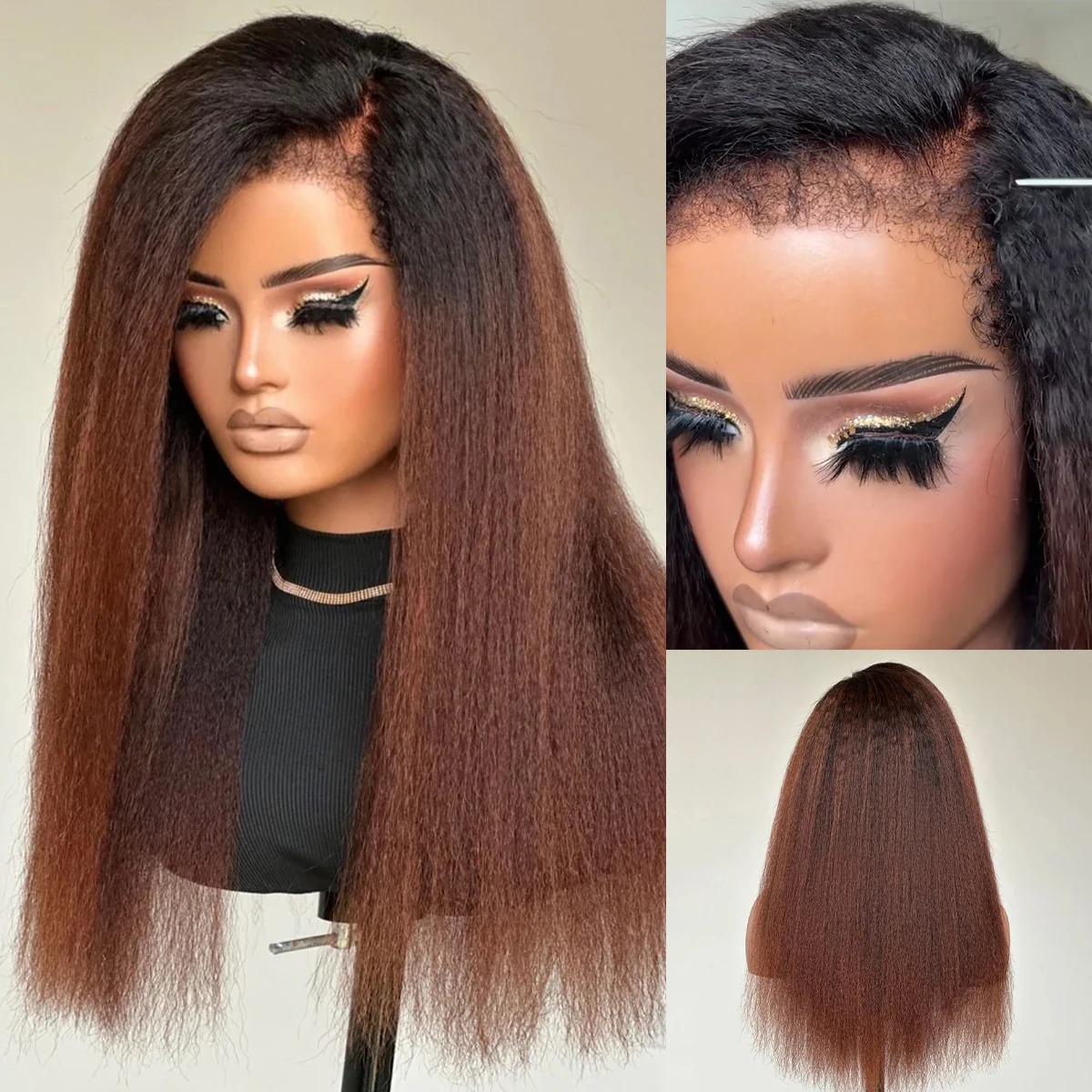 13x4 Lace Front Wig Ombre Kinky Straight Human Hair Wigs With 4C kinky Edges Coarse Yaki Lace Front Closure Wig Preplucked 180%